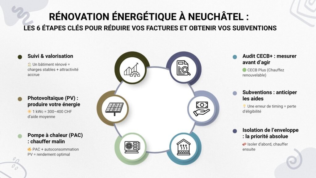Infographie RenovAvenir – visite, investigations, photos et historique des travaux énergétiques à Neuchâtel avant rénovation.