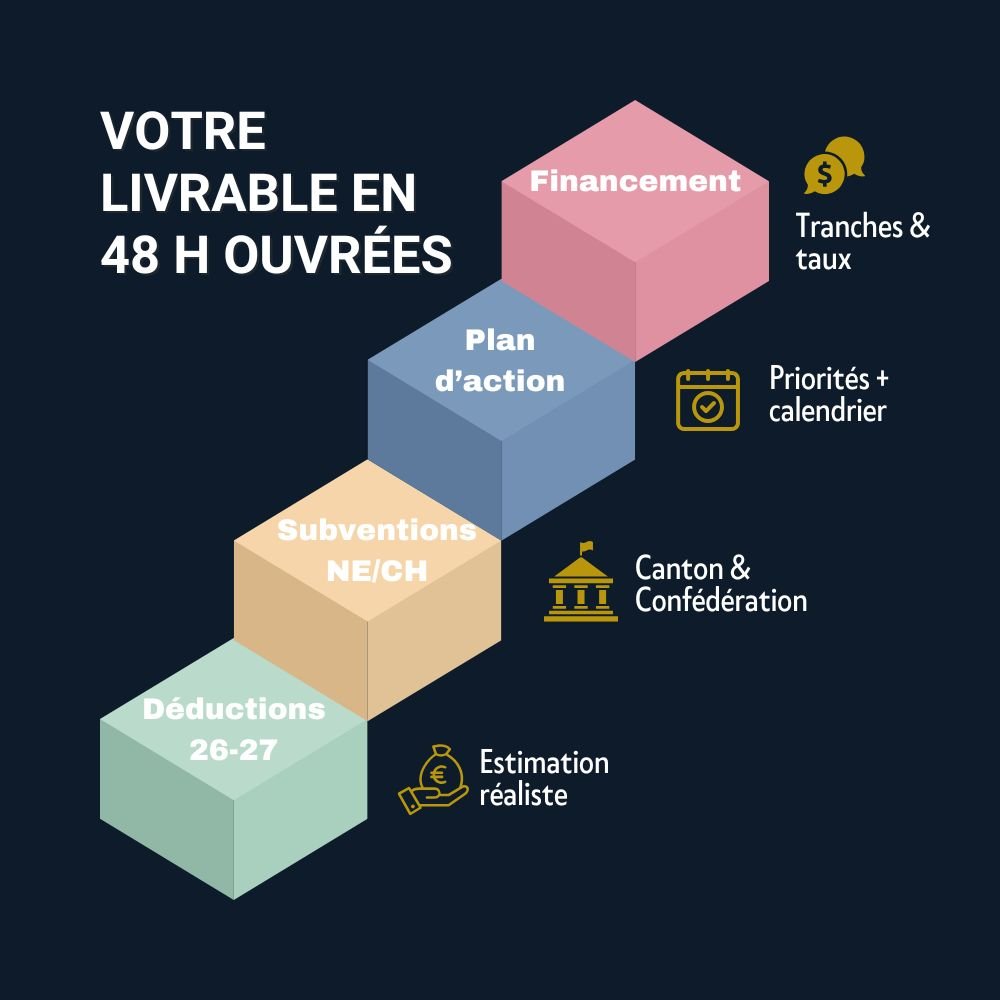 Infographie RenovAvenir – livrable en 48 h : déductions fiscales 2026-2027, subventions Neuchâtel, plan d’action et financement.